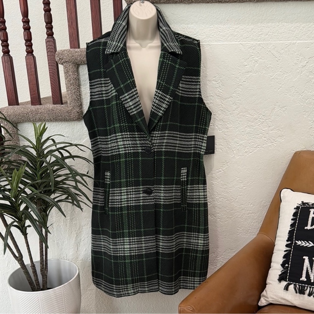 MARC NEW YORK Green Black White Plaid Sleeveless Blazer Vest Jacket Dress